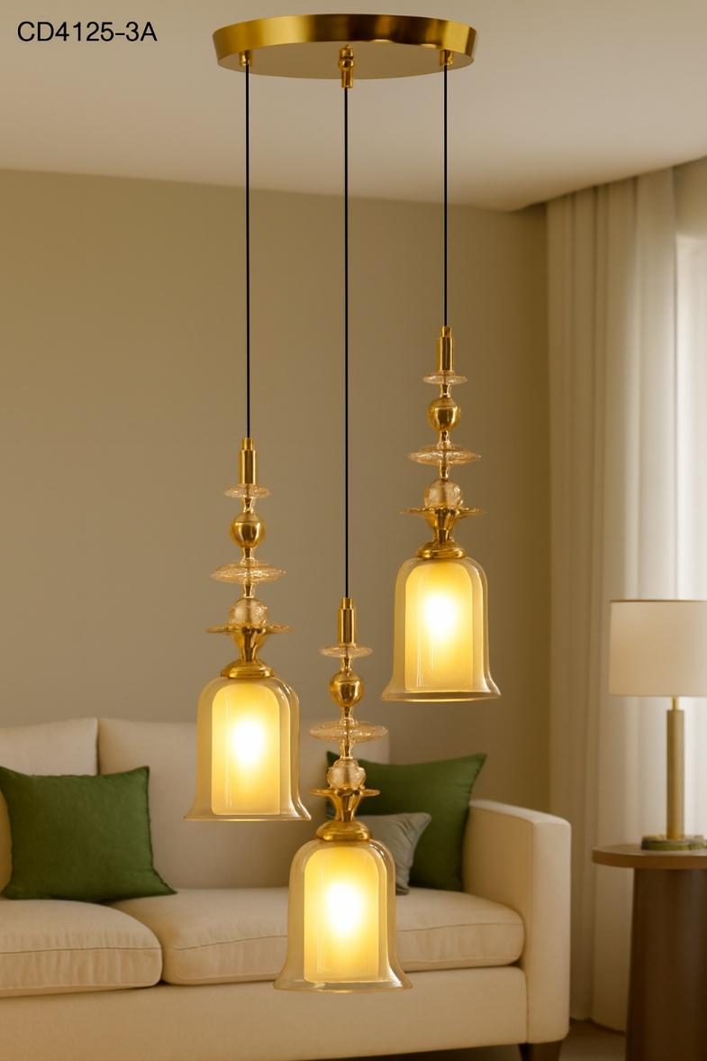 Luxury Glass Pendant Hanging Light – Gold Finish (3 Lights) chandelier image